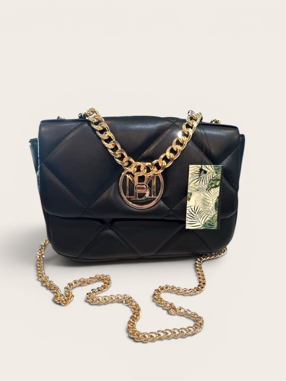 NEW Badgley Mischka Vegan Small Black Quilted Crossbody Bag Gold Letter Lock